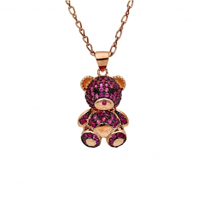 Sterling Silver Necklace with Bear Pendant in Rose Gold, Adorned with Black and Pink Zirconia. Photo Nr. 1
