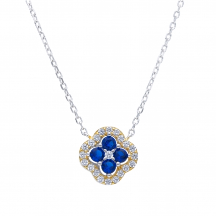 Sterling Silver Necklace 40+5 cm with Four-Leaf Clover Pendant, Blue and White Zirconia. Photo Nr. 1